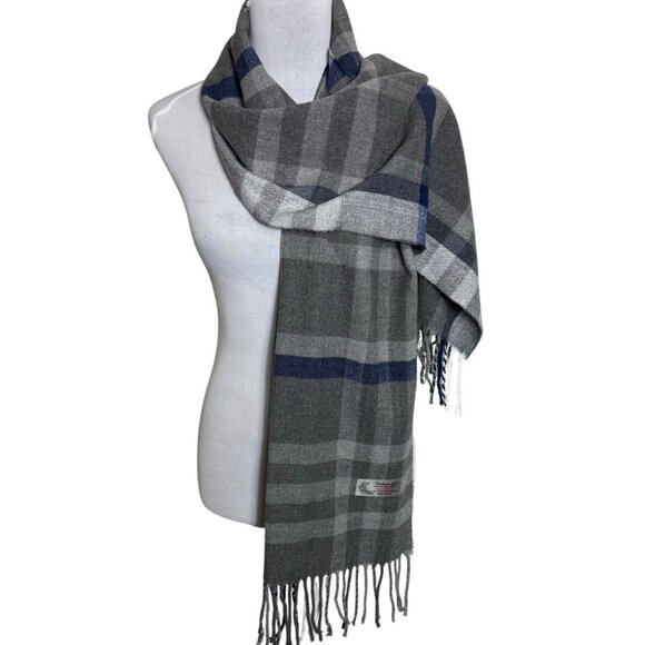 Winter Plaid Cashmere Feel Scarf Tassels Grey Blue Italian Design Warm Gift - Picture 3 of 13